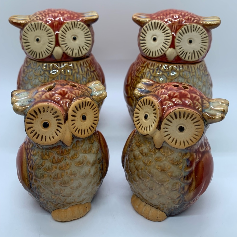 Meritage SWEET HOOT Salt and Pepper Set and Sugar Jars Set!  6 pieces!  OWLS!
